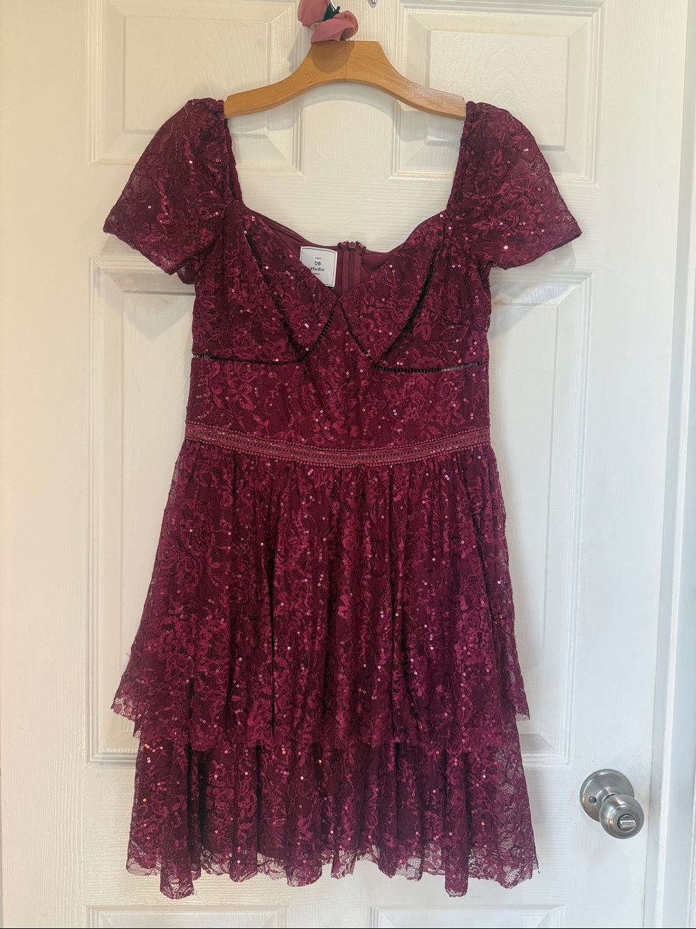 Elegant Girls' Burgundy Lace Party Dress with Short Sleeves